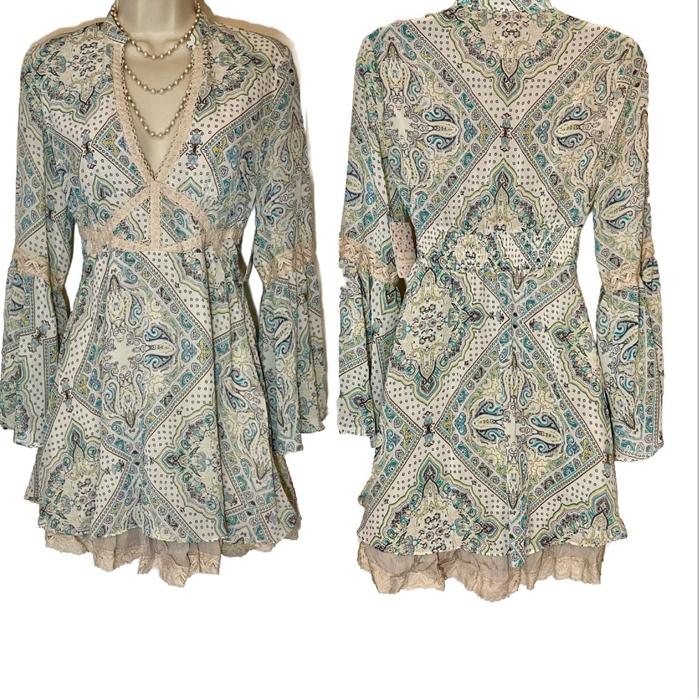 Free People Paisley Print Dress in Blue and Cream